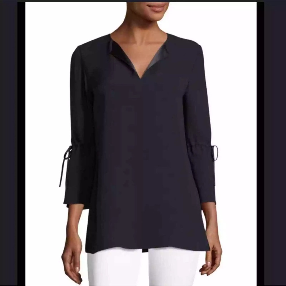 SALE Lafayette 148 New York Sela Silk Blouse Top V-Neck Tie Split Sleeve Black M